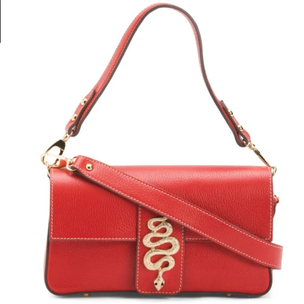 Divina Firenze Italy Red Leather Shoulder Crossbody Bag with Gold Snake Tab